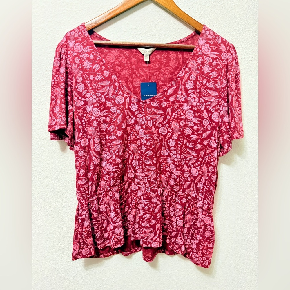 Lucky Brand Boho Floral Peplum Top XL Soft Cotton Modal NWT Romantic Blouse - Picture 9 of 10